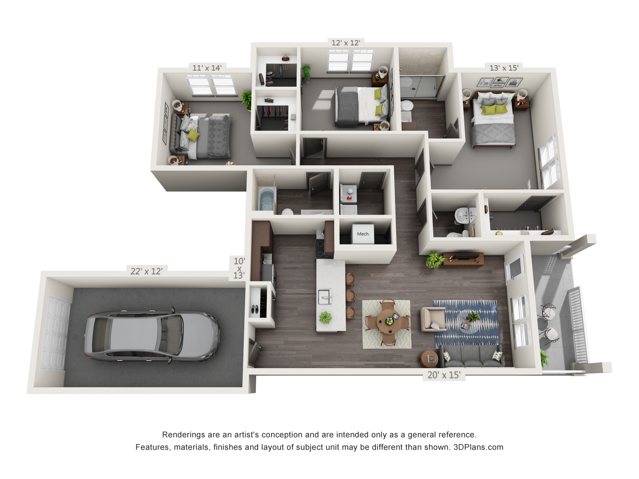Floor plan for 3 beds, 2.5 baths, 1511 sqft